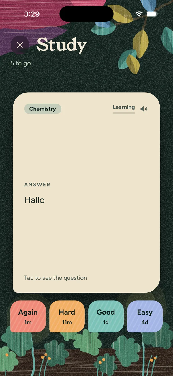 The same flashcard flipped to its answer, with Again, Hard, Good and Easy buttons