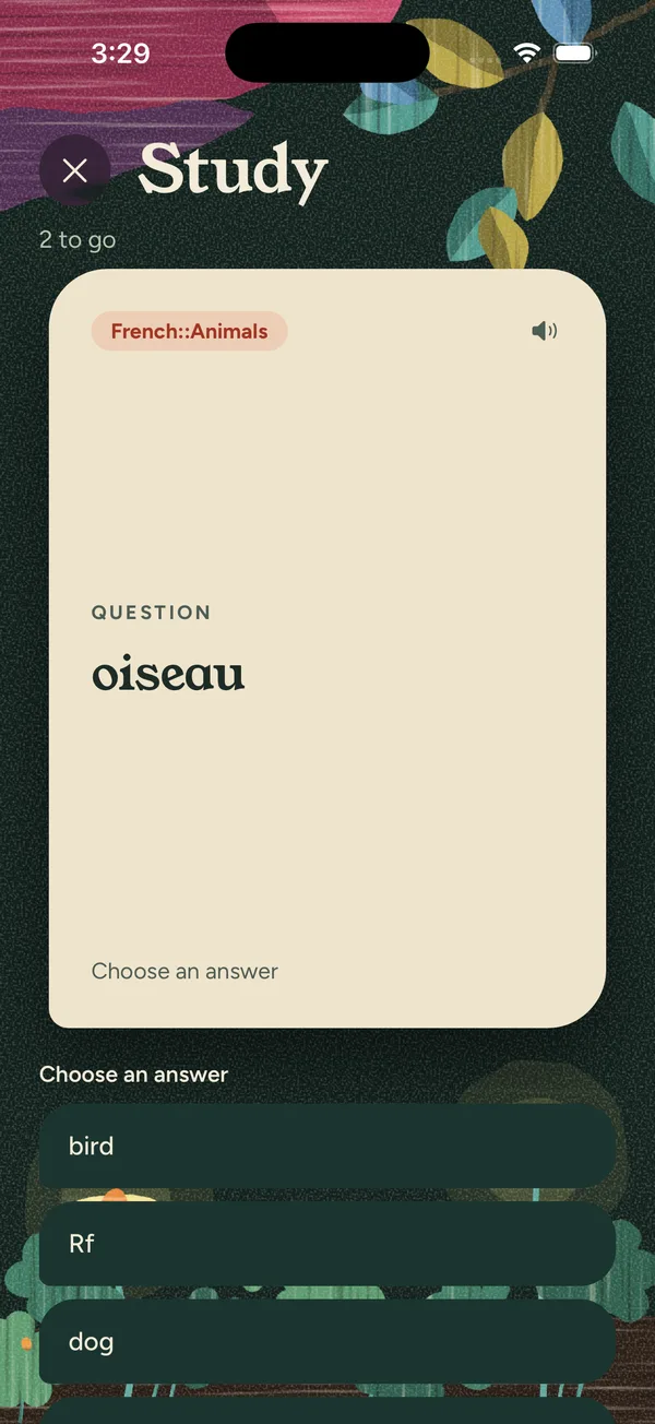 A multiple choice question asking for the meaning of oiseau