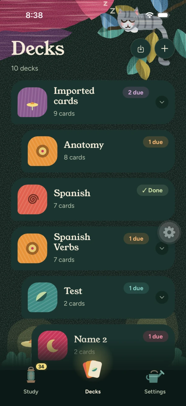 The Decks screen with colour-coded decks and due counts