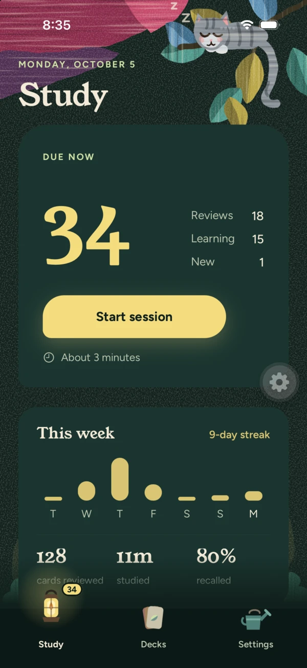 The Grow Study screen showing 34 cards due now split into reviews, learning and new, a Start session button and this week's streak